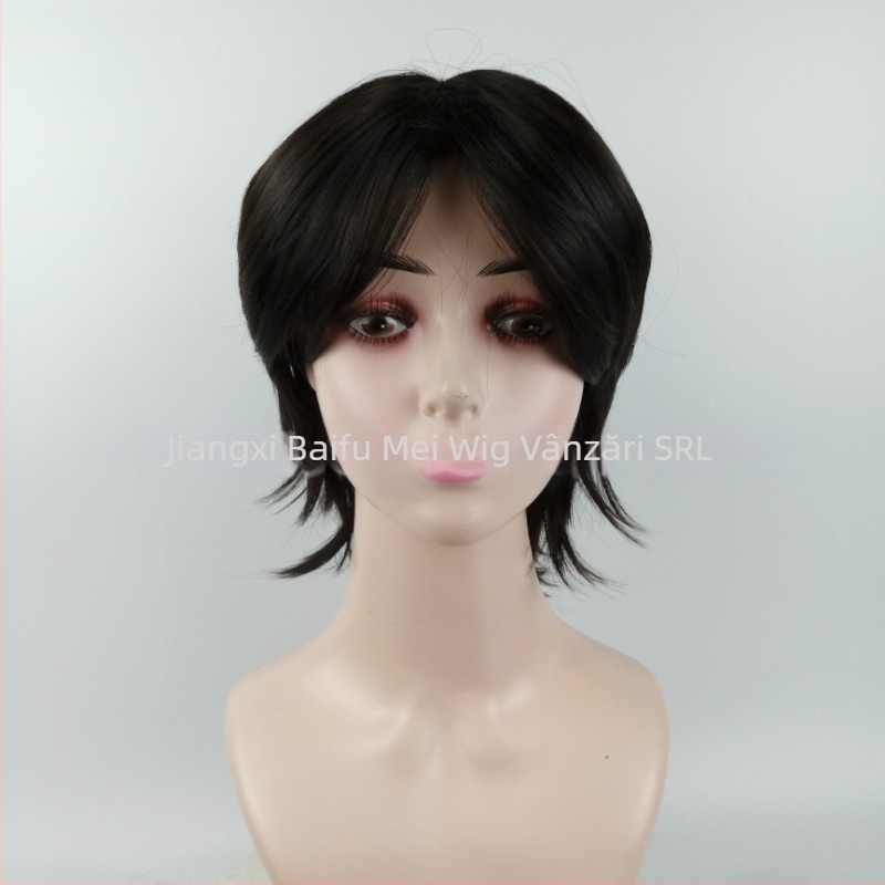 Perucă masculină cu păr scurt drept, fibră sintetică rezistentă la căldură, model 329, breton cu parte centrală, poate fi vopsită, cosplay disponibil