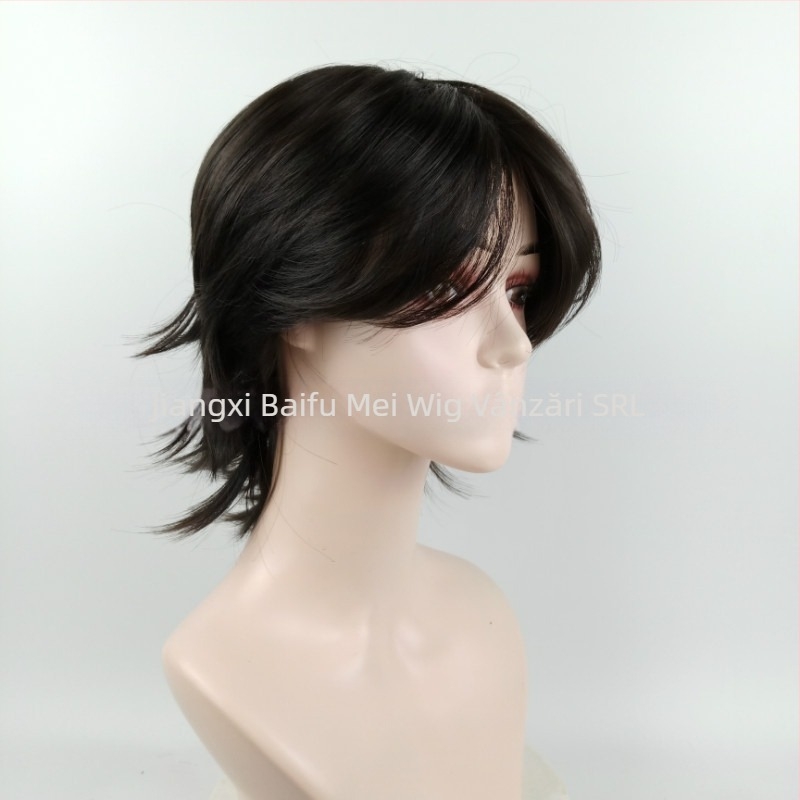 Perucă masculină cu păr scurt drept, fibră sintetică rezistentă la căldură, model 329, breton cu parte centrală, poate fi vopsită, cosplay disponibil