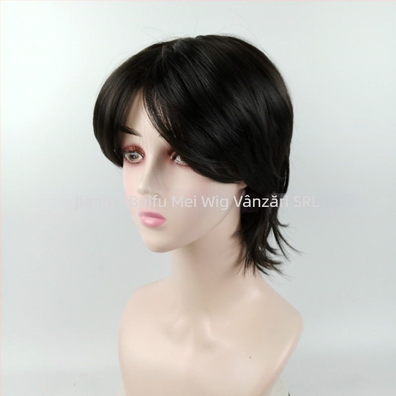 Perucă masculină cu păr scurt drept, fibră sintetică rezistentă la căldură, model 329, breton cu parte centrală, poate fi vopsită, cosplay disponibil