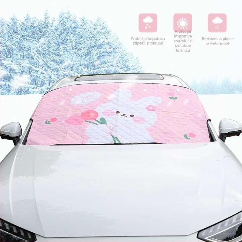 Protecție frontală de zăpadă pentru mașină — magnetică, folie de aluminiu, 300 g, model cu lalea și iepuraș