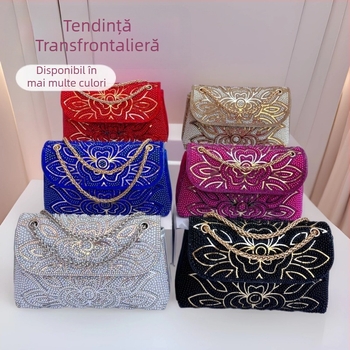 Geantă de umăr în stil Chanel, cu cristale, material PU, căptușeală din nylon, închidere cu capac, buzunar intern