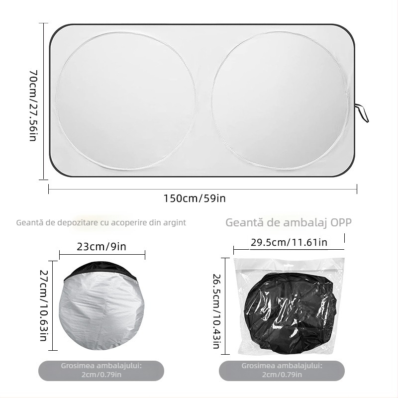 Umbră de soare pentru parbriz auto, pliabilă, reflectorizantă, cu acoperire, cu compatibilitate universală încorporată