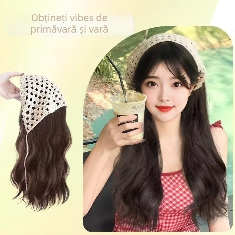 Perucă cu păr lung, bucle, bază în formă de U, fibră sintetică rezistentă la căldură, cu glugă tricotată într-un singur produs, stil coreean