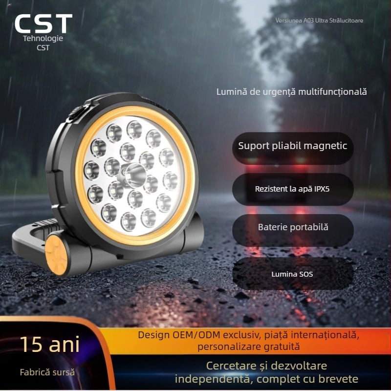 Proiector LED de urgență pentru mașină cu SOS, lanternă outdoor multifuncțională pentru camping (10W, 1000 lm, 5V, 6000K, Cs-a03)