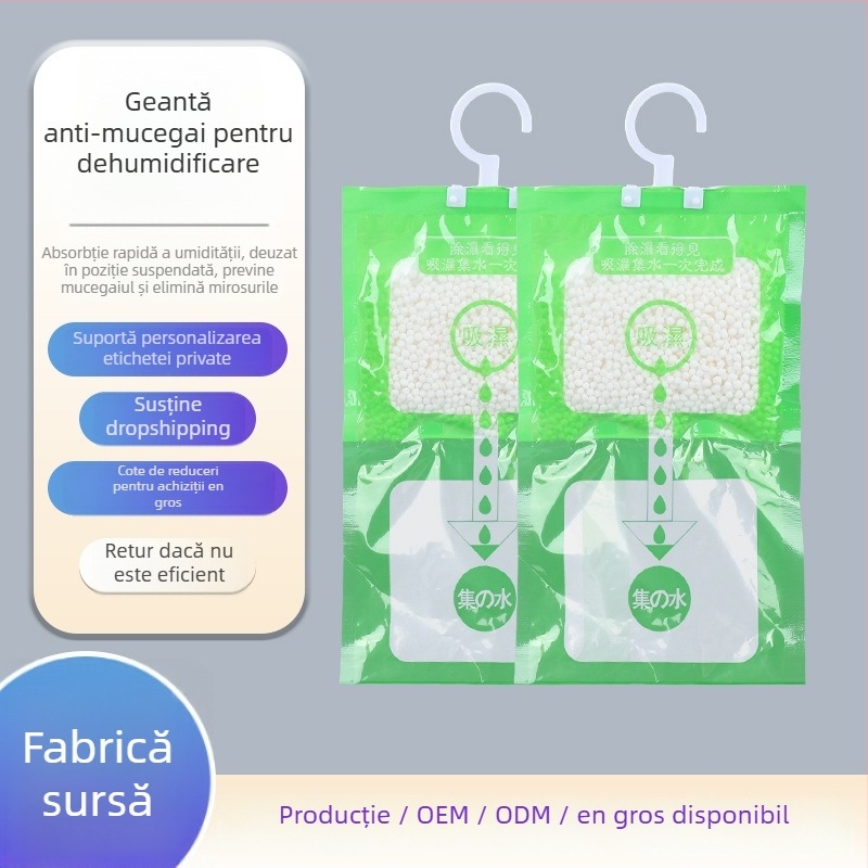 Desicant pentru dehumidificarea încăperilor, clorură de calciu, marcă Qingrunjia; funcție: uscare și controlul umidității; greutate 100 g; destinat pentru agățare