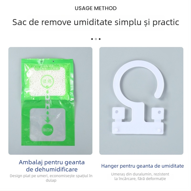 Desicant pentru dehumidificarea încăperilor, clorură de calciu, marcă Qingrunjia; funcție: uscare și controlul umidității; greutate 100 g; destinat pentru agățare