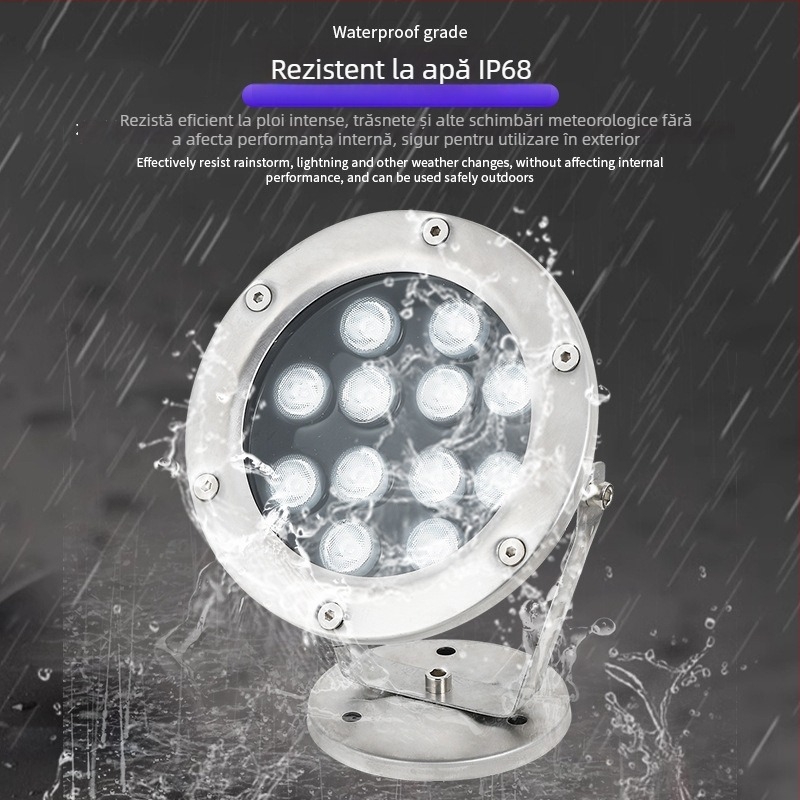 Lampă LED subacvatică pentru fântâni și bazine, carcasă din oțel inoxidabil, IP68, 24V, LED Osram cu 9 diode, control DMX512