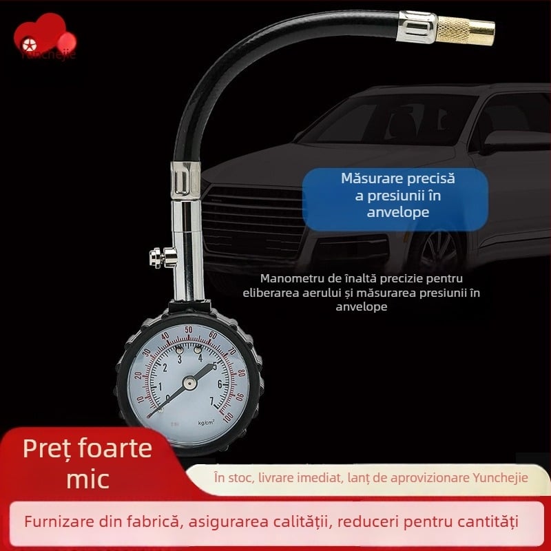 Manometru mecanic pentru anvelope de mașină, cu furtun lung și deflație, oțel inoxidabil, 0-500 psi