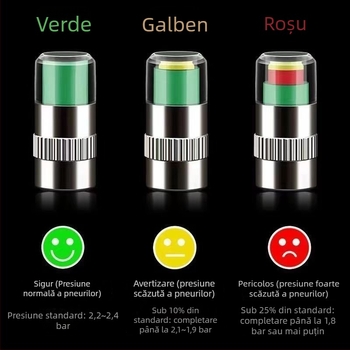 Capac metal pentru monitorizarea presiunii în pneuri, cu manometru mecanic, design compact, afișaj analog, precizie standard