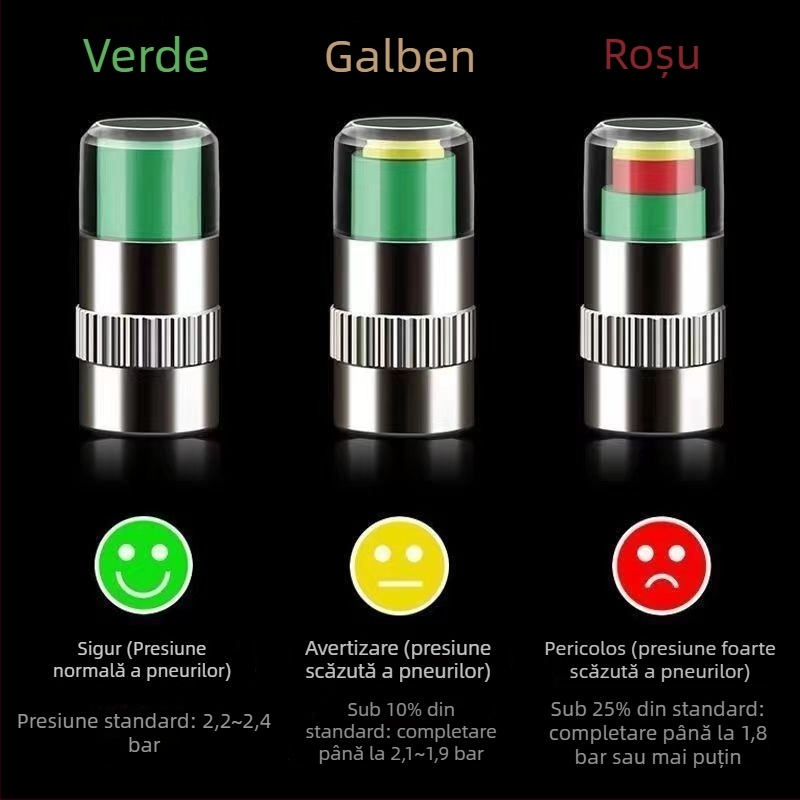 Capac metal pentru monitorizarea presiunii în pneuri, cu manometru mecanic, design compact, afișaj analog, precizie standard