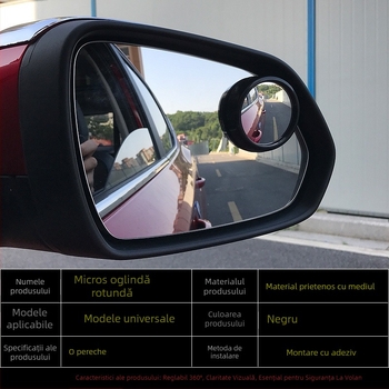 Oglindă retrovizoare auto, mică oglindă circulară suplimentară pentru unghiul mort, 360° unghi lat, compatibilă cu toate modelele