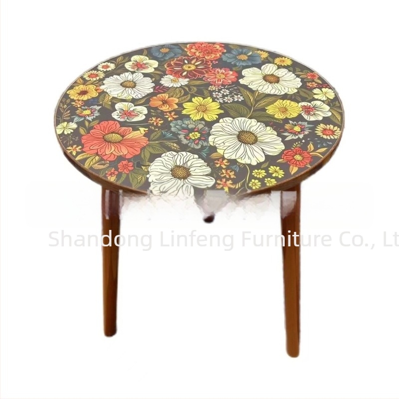 Masă de cafea rotundă cu design mandala floral și imprimare în stil american — blat din placi de densitate cu finisaj PVC; ramă din lemn; margini etanșate; asamblare necesară