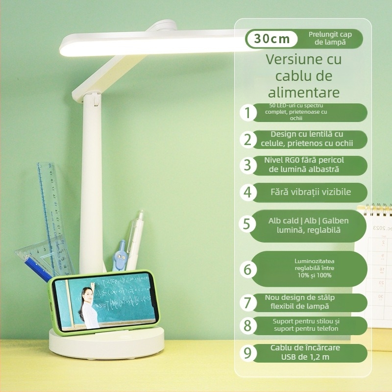 Lampă de birou LED cu protecție pentru ochi pentru elevi, reîncărcabilă și cu alimentare la priză, pliabilă pentru cămin, 12W, comutator tactil