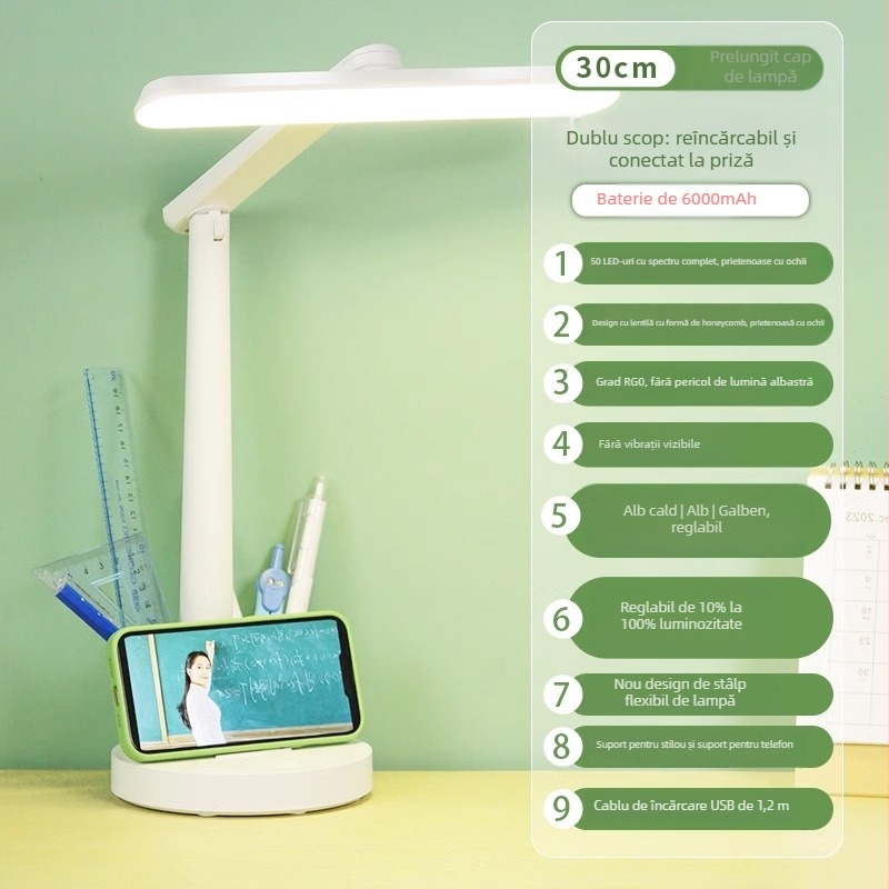 Lampă de birou LED cu protecție pentru ochi pentru elevi, reîncărcabilă și cu alimentare la priză, pliabilă pentru cămin, 12W, comutator tactil