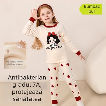 Set pijama copii – 95% bumbac, 5% spandex, antibacterian, toamnă-iarnă, unisex, stil prințesă, imprimeu desene animate