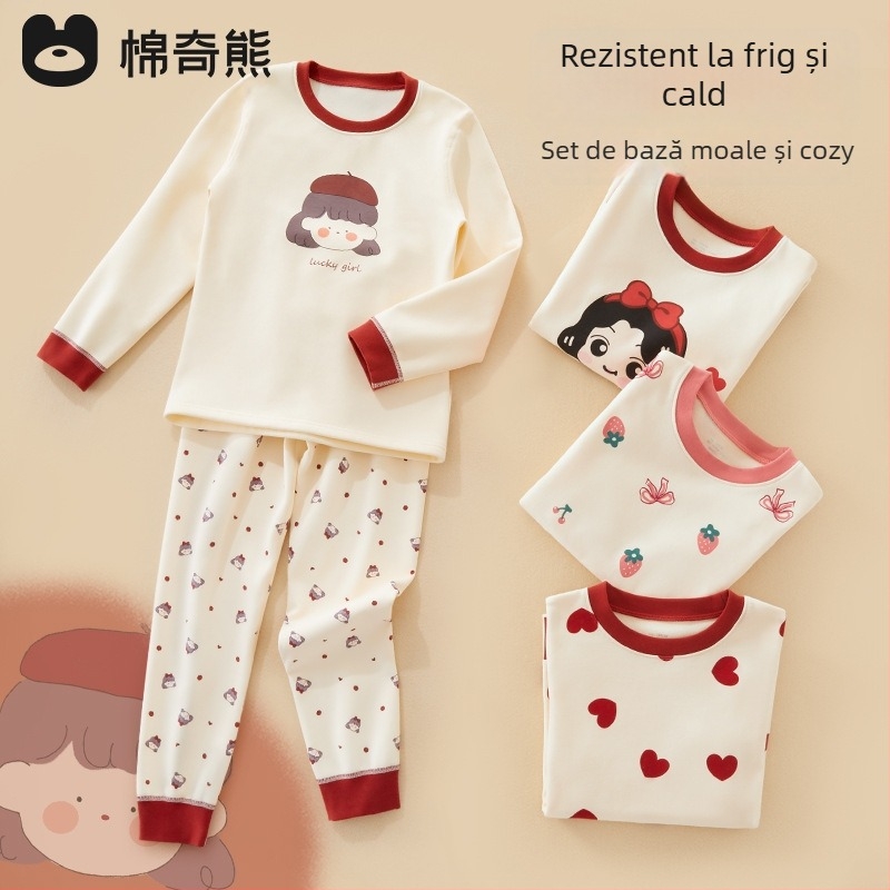 Set pijama copii – 95% bumbac, 5% spandex, antibacterian, toamnă-iarnă, unisex, stil prințesă, imprimeu desene animate
