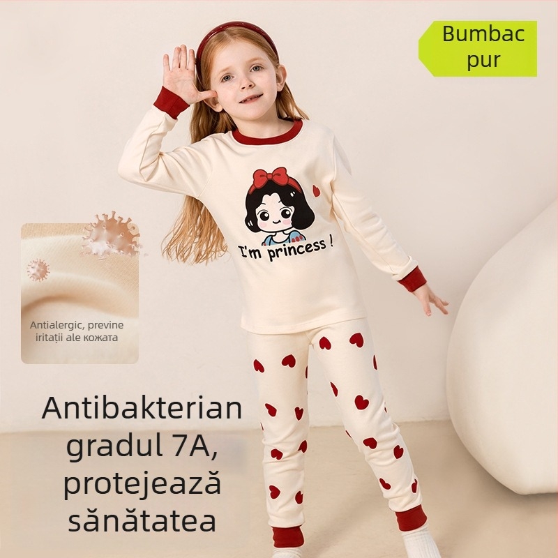 Set pijama copii – 95% bumbac, 5% spandex, antibacterian, toamnă-iarnă, unisex, stil prințesă, imprimeu desene animate