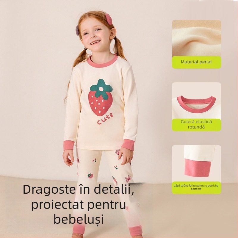 Set pijama copii – 95% bumbac, 5% spandex, antibacterian, toamnă-iarnă, unisex, stil prințesă, imprimeu desene animate