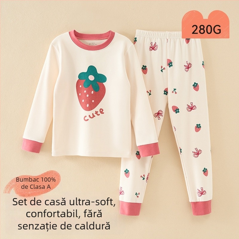 Set pijama copii – 95% bumbac, 5% spandex, antibacterian, toamnă-iarnă, unisex, stil prințesă, imprimeu desene animate