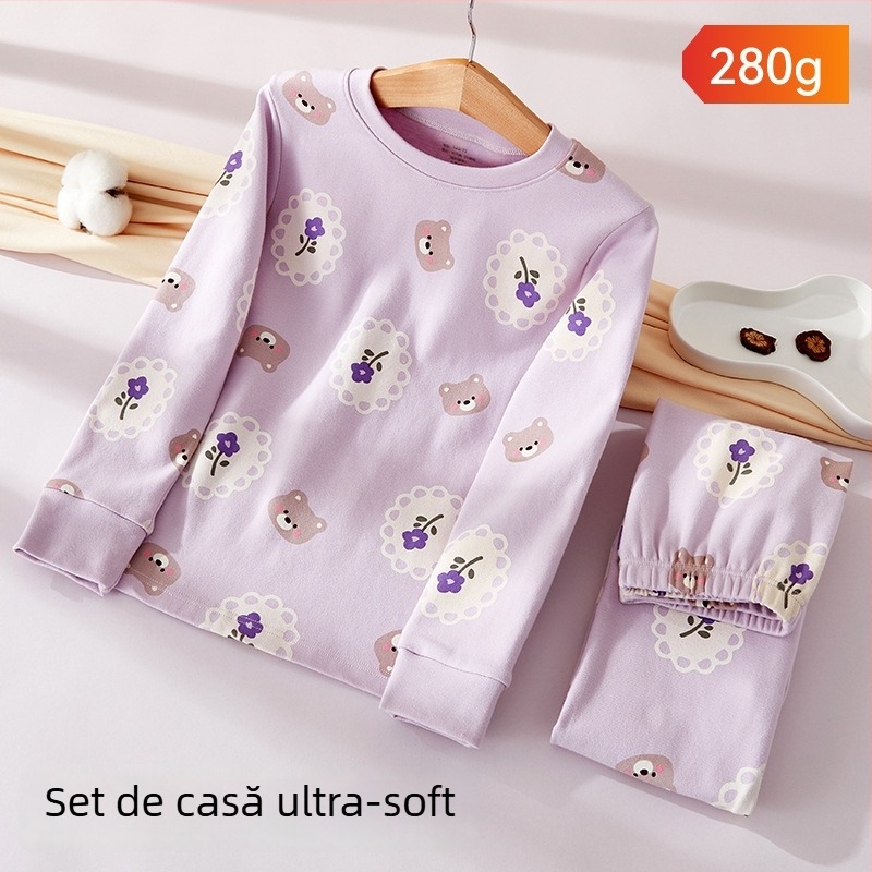 Set pijama copii – 95% bumbac, 5% spandex, antibacterian, toamnă-iarnă, unisex, stil prințesă, imprimeu desene animate