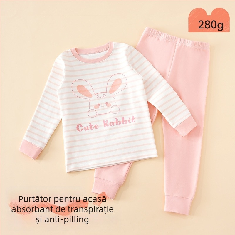 Set pijama copii – 95% bumbac, 5% spandex, antibacterian, toamnă-iarnă, unisex, stil prințesă, imprimeu desene animate