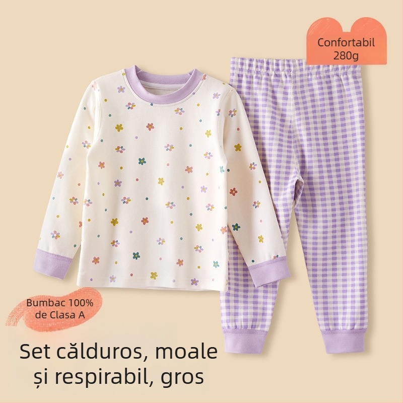 Set pijama copii – 95% bumbac, 5% spandex, antibacterian, toamnă-iarnă, unisex, stil prințesă, imprimeu desene animate