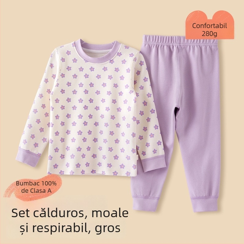 Set pijama copii – 95% bumbac, 5% spandex, antibacterian, toamnă-iarnă, unisex, stil prințesă, imprimeu desene animate