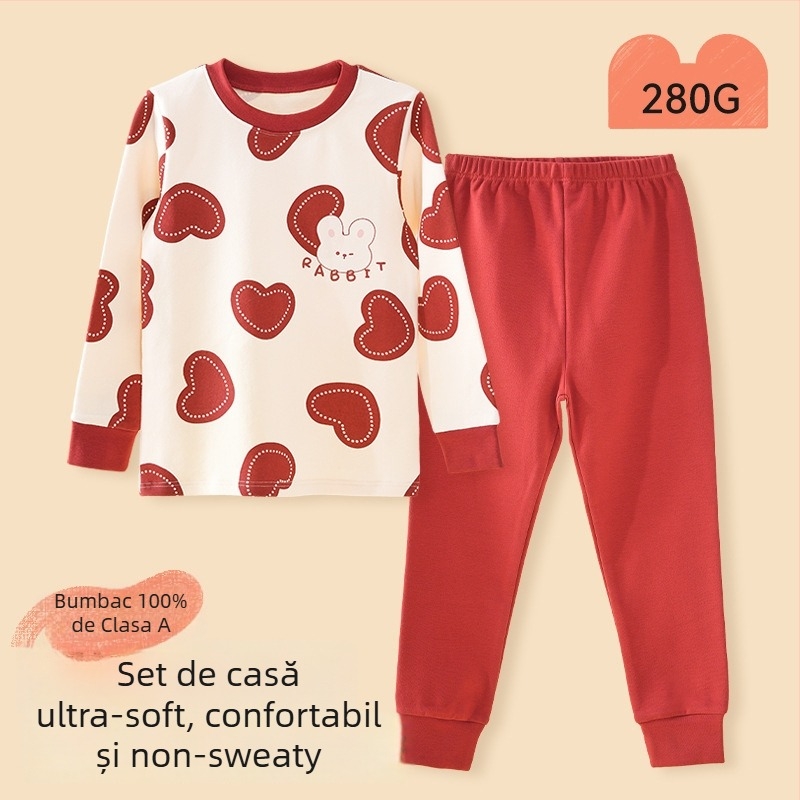 Set pijama copii – 95% bumbac, 5% spandex, antibacterian, toamnă-iarnă, unisex, stil prințesă, imprimeu desene animate
