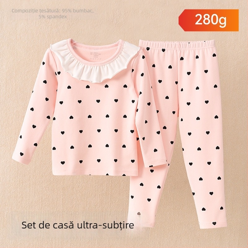 Set pijama copii – 95% bumbac, 5% spandex, antibacterian, toamnă-iarnă, unisex, stil prințesă, imprimeu desene animate