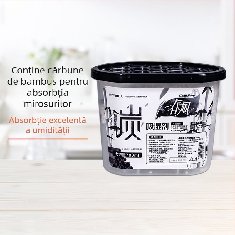 Cutie desicant cu cărbune activ pentru garderobă și cameră, 700 ml, miros bambus, combate mucegaiul și umezeala