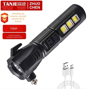 TANJE Ciocan de evadare multifuncțional cu ciocan de spart geamul, lumină COB + LED de 3W, lampă de lucru reîncărcabilă și lanternă de urgență, rotație la 360°, baterie 800 mAh, rază 200–500 m