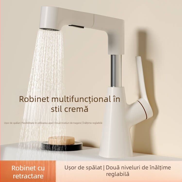 Robinet de lavoar din cupru masiv, reglabil, cu extensie trasă, disc ceramic, stil Chinezesc Nou