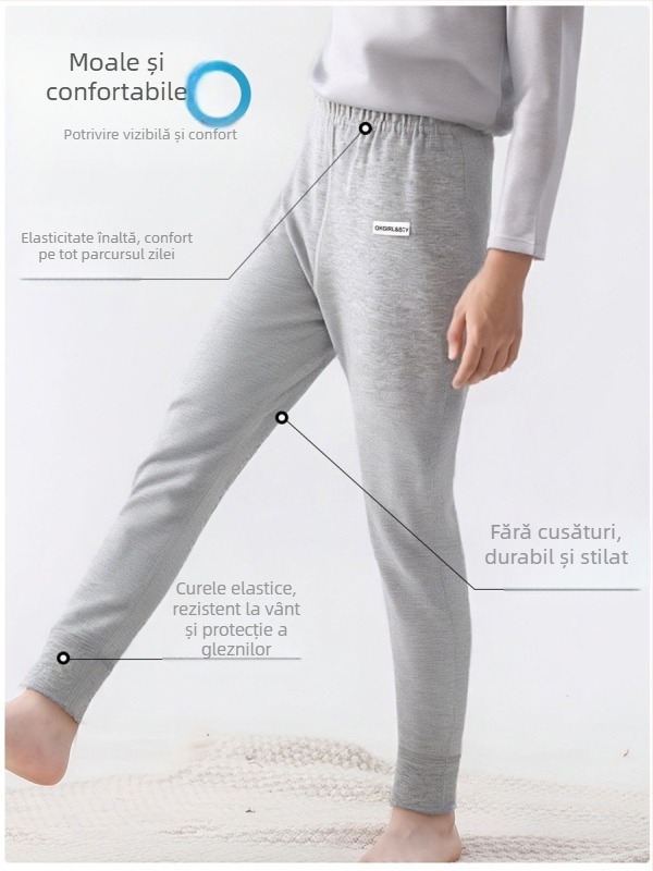 Pantaloni de bază pentru copii din bumbac 100% pentru toamnă–iarna, talie medie, deschis la zona inghinală, unisex
