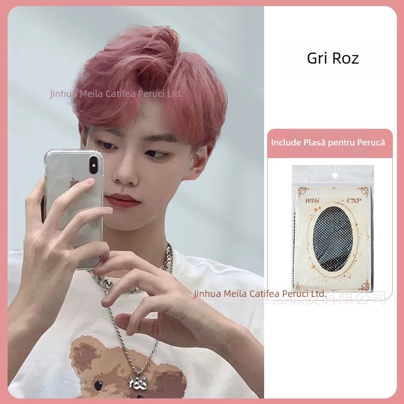 Perucă pentru bărbați cu păr scurt, acoperire totală, stil coreean, parte centrală, voluminoasă, fibre rezistente la temperatură