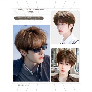 Perucă pentru bărbați, păr scurt, model N25-056, mecanism de procesare, fibre rezistente la temperatură înaltă, fără vopsire sau permanent