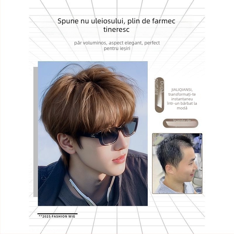 Perucă pentru bărbați, păr scurt, model N25-056, mecanism de procesare, fibre rezistente la temperatură înaltă, fără vopsire sau permanent