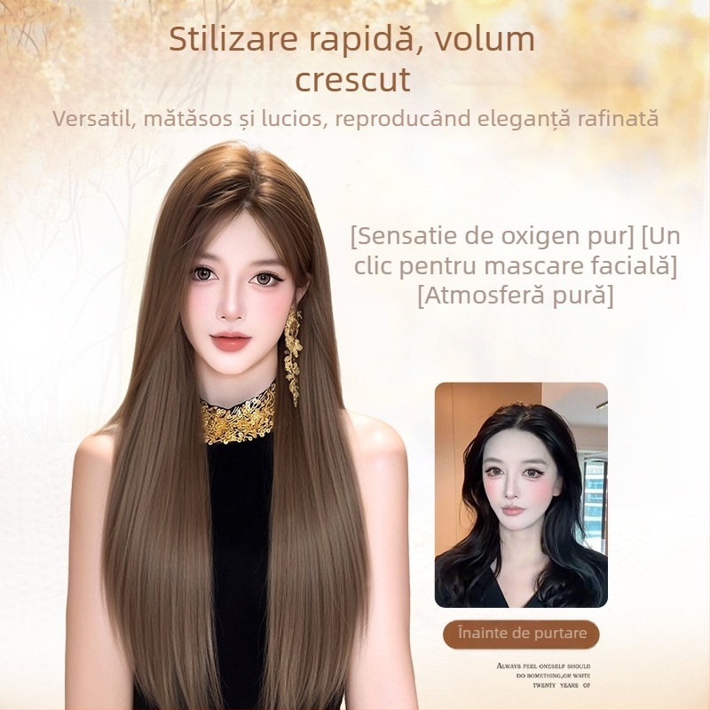 Perucă lungă drept cu breton, stil coreean, modelul 9001, fibre rezistente la temperatură, construcție cu mecanism