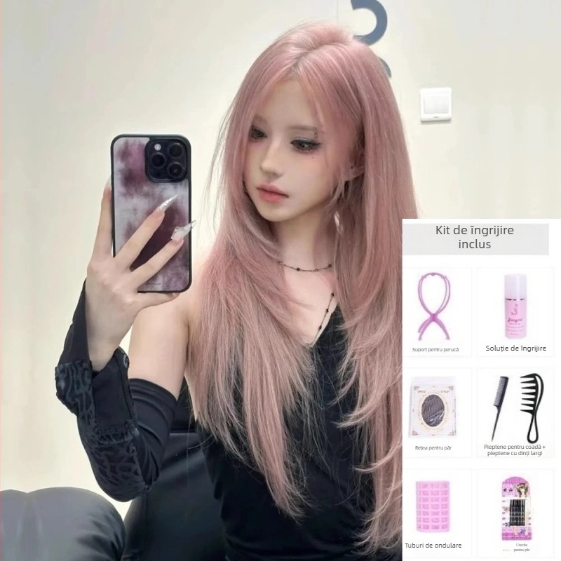 Perucă lungă dreaptă cu breton oblic, acoperire completă a capului, fibre rezistente la căldură, producție mecanică