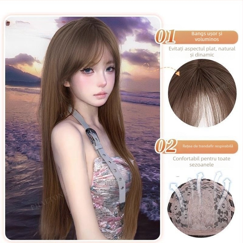 Perucă: lungă, păr drept cu breton drept, aspect natural, păr din mătase rezistentă la temperaturi înalte, necolorabilă