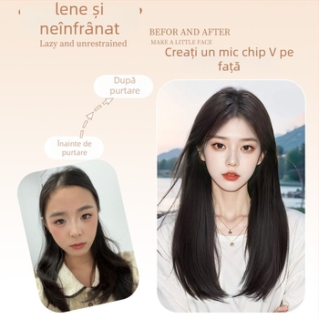 Perucă cu păr lung drept, despărțire la mijloc, acoperire completă a capului, aspect natural, fibre rezistente la căldură