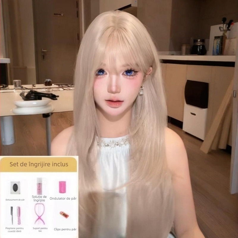 Perucă lungă, drept, cu breton, stil natural, păr rezistent la temperatură, origine Henan