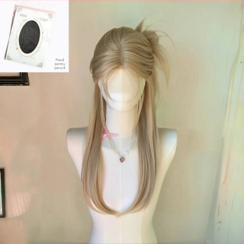 Perucă naturală pentru femei, păr lung drept cu breton înclinat, fibre rezistente la temperaturi înalte, perucă completă pentru cap