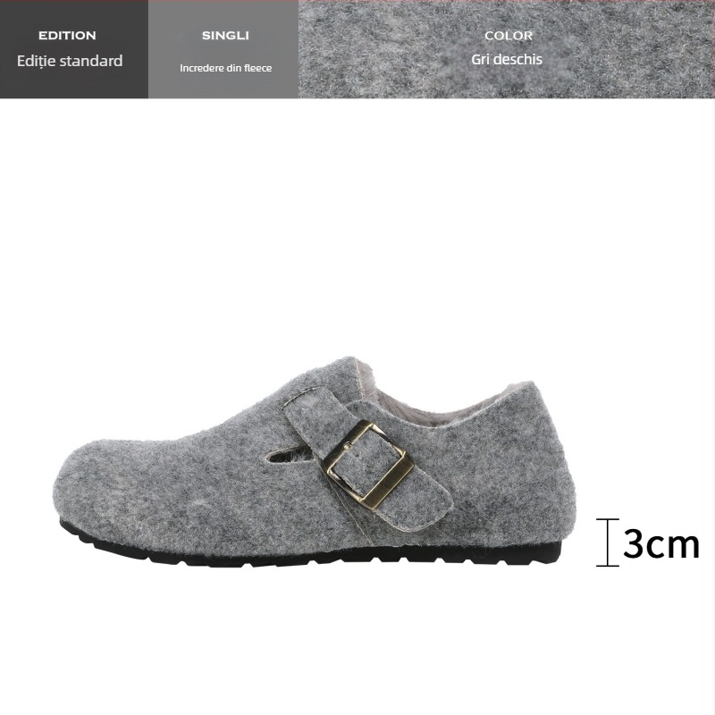Pantofi femei Birkenstock-stil, cu căptușeală de lână pentru creștere înălțime, partea superioară din lână, talpă din cauciuc, iarnă.