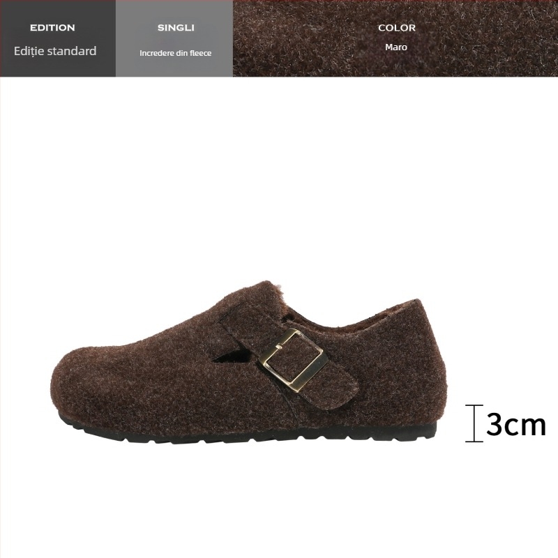 Pantofi femei Birkenstock-stil, cu căptușeală de lână pentru creștere înălțime, partea superioară din lână, talpă din cauciuc, iarnă.