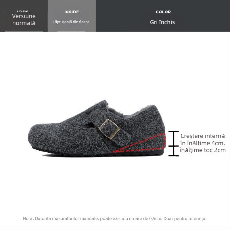 Pantofi femei Birkenstock-stil, cu căptușeală de lână pentru creștere înălțime, partea superioară din lână, talpă din cauciuc, iarnă.