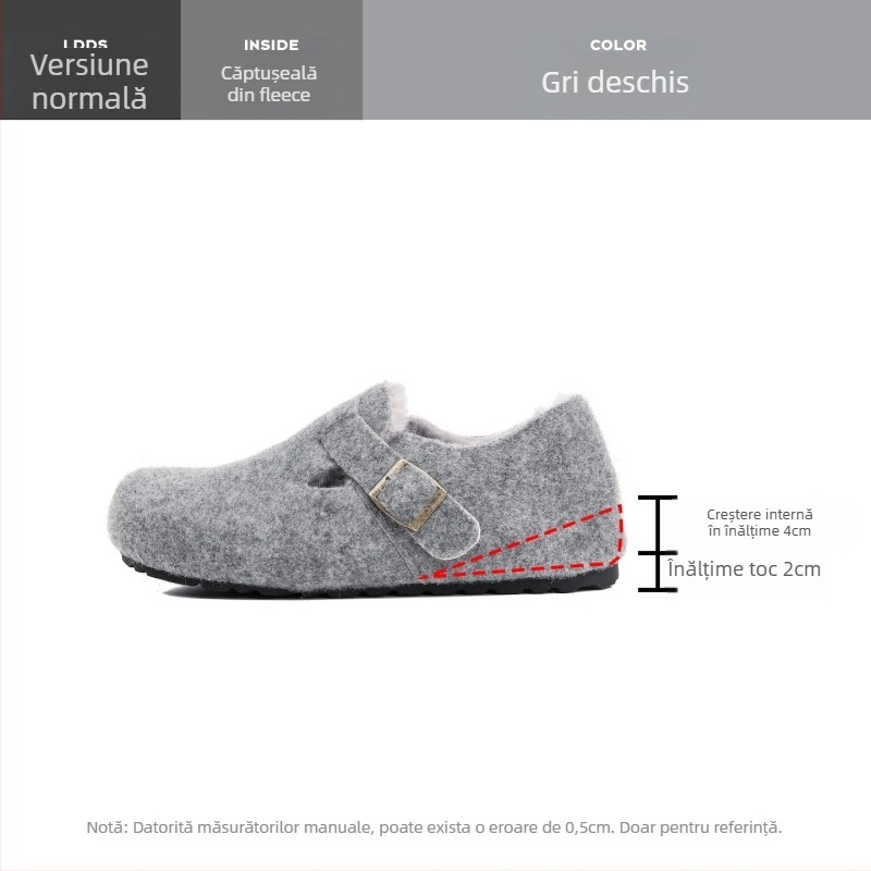 Pantofi femei Birkenstock-stil, cu căptușeală de lână pentru creștere înălțime, partea superioară din lână, talpă din cauciuc, iarnă.