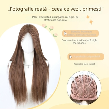 Perucă pentru femei - păr lung drept, fire rezistente la temperatură, acoperire totală a capului, stil natural, breton cu despărțire pe mijloc