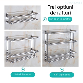 Suport pentru prosoape de baie din oțel inoxidabil, montat pe perete, cu brațe duble și trei niveluri de depozitare