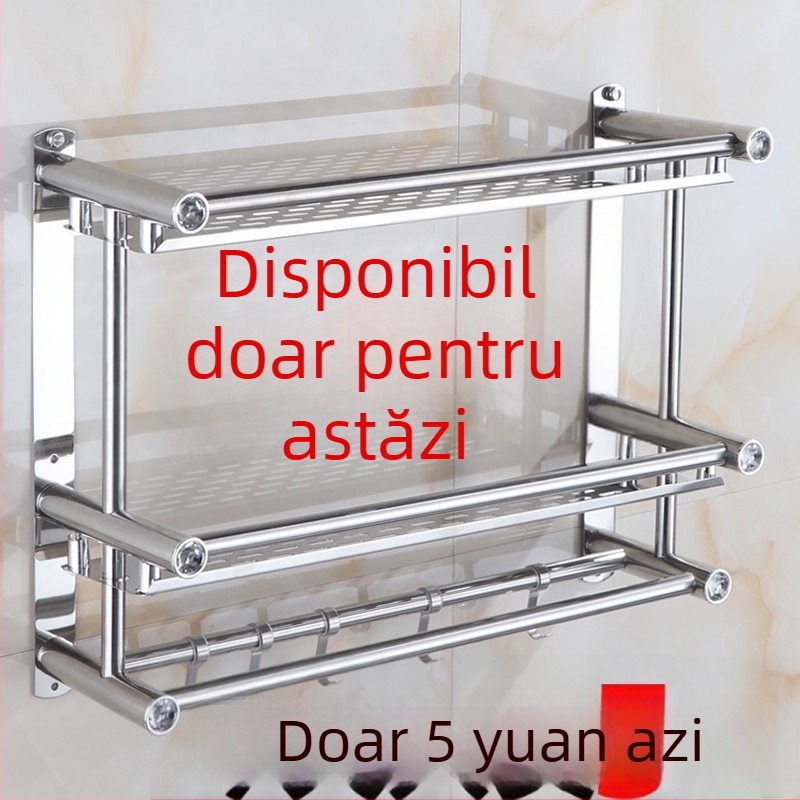 Suport pentru prosoape de baie din oțel inoxidabil, montat pe perete, cu brațe duble și trei niveluri de depozitare