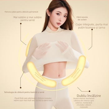 Top din nylon cu acid hialuronic, elasticitate înaltă, cupe integrate, guler semi-înalt, țesătură subțire, mâneci lungi